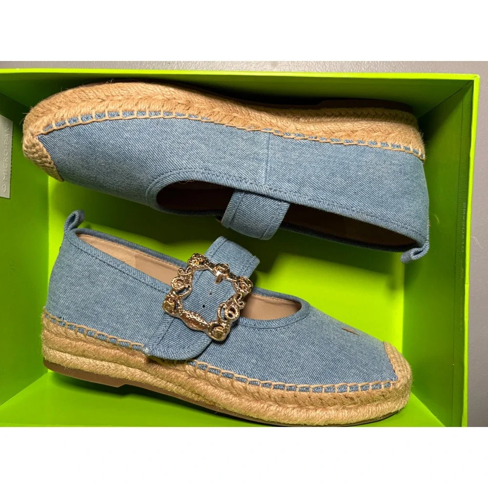 Sam Edelman Maddy Espadrille Mary Jane Flats Womens 7.5 Blue Denim Buckle New